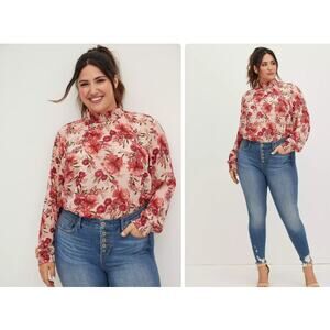 Torrid Floral Pink Chiffon Smocked Mock Neck Blouse Size 4